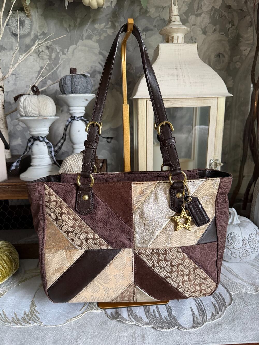 Vintage Y2K Coach Signature Patchwork & Leather Tote Shoulder Bag Purse F17614